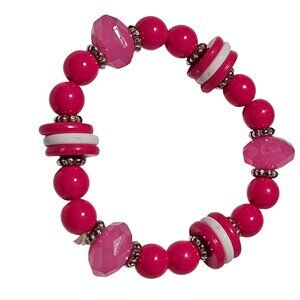 Pink Beaded Stretch Bracelet White Silver Accents Retro Funky Fashion Jewelry